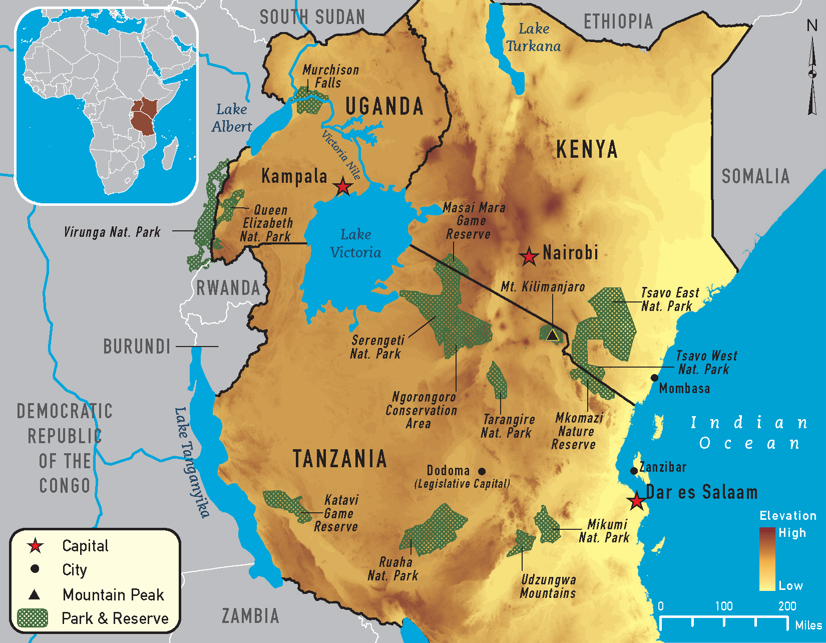 Overview of East Africa showing the Major Game Areas, also Kilimanjaro. Picture courtesy of cdc.gov